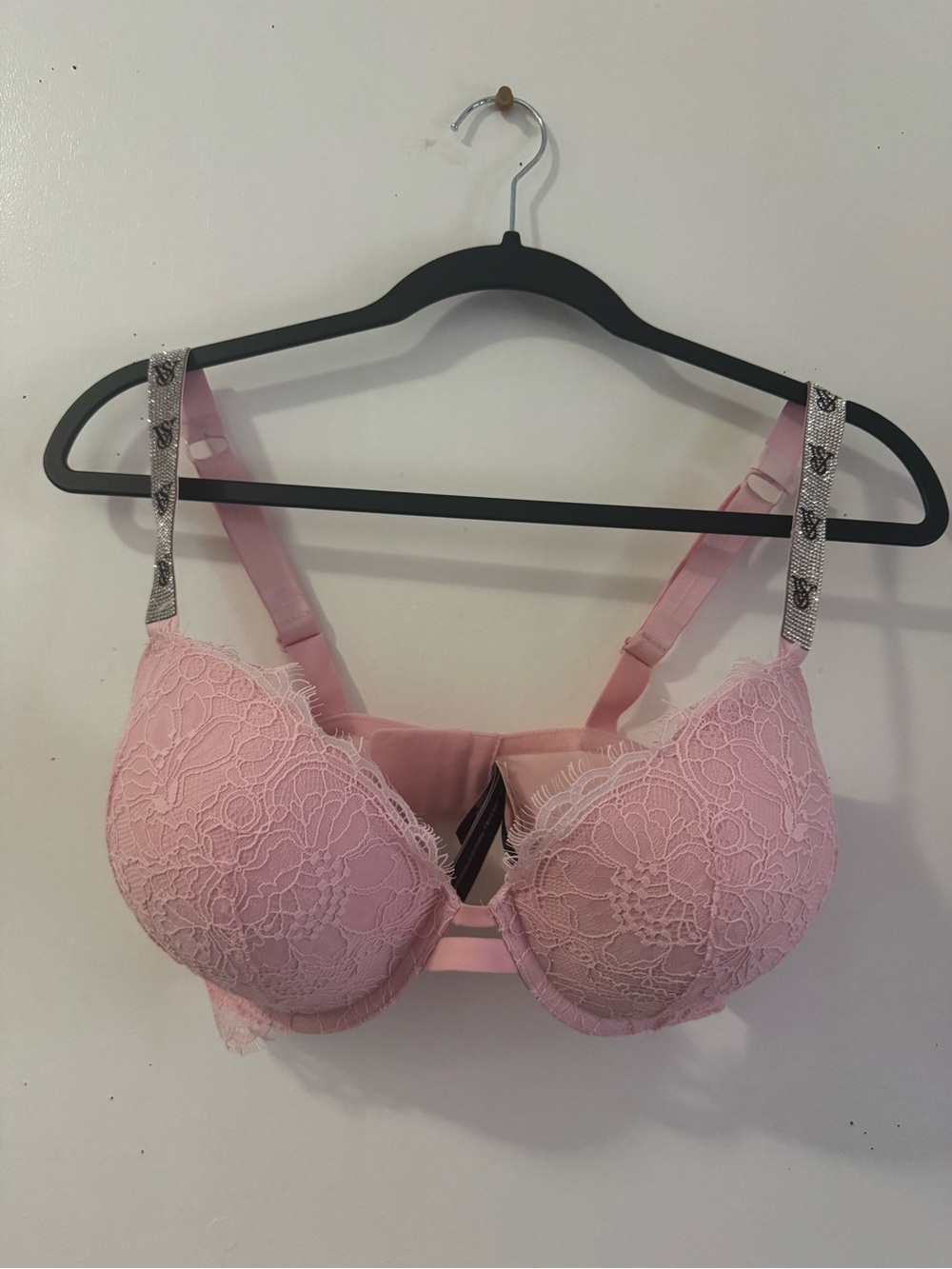 Victoria's Secret Pink Lace Push-Up Bra with Embellished Straps light pink